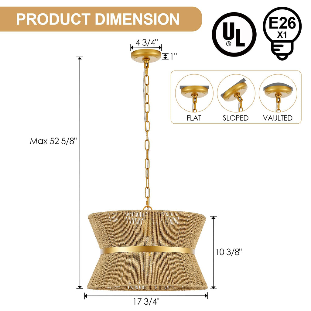 18" Hand Woven Rattan Boho Chandelier Brass Ajustable Pendant Light Island Living Room Bedroom Hallway, UL Listed