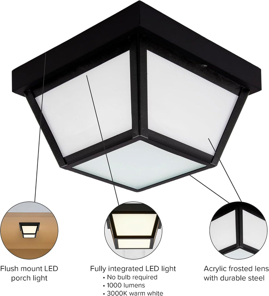 9" Black LED Outdoor Porch Ceiling Light Fixture, 1000 Lumens 3000K | Frosted Lens, 3000K Warm White, Wet Rated