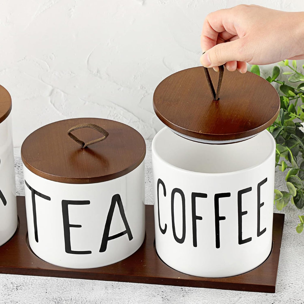 Ceramic Coffee Sugar Tea Canister Set with Lid and Tray - Set of 3