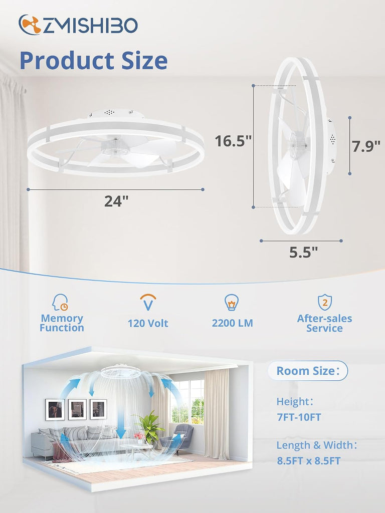 24" Low Profile Ceiling Fan with Light, Remote, White