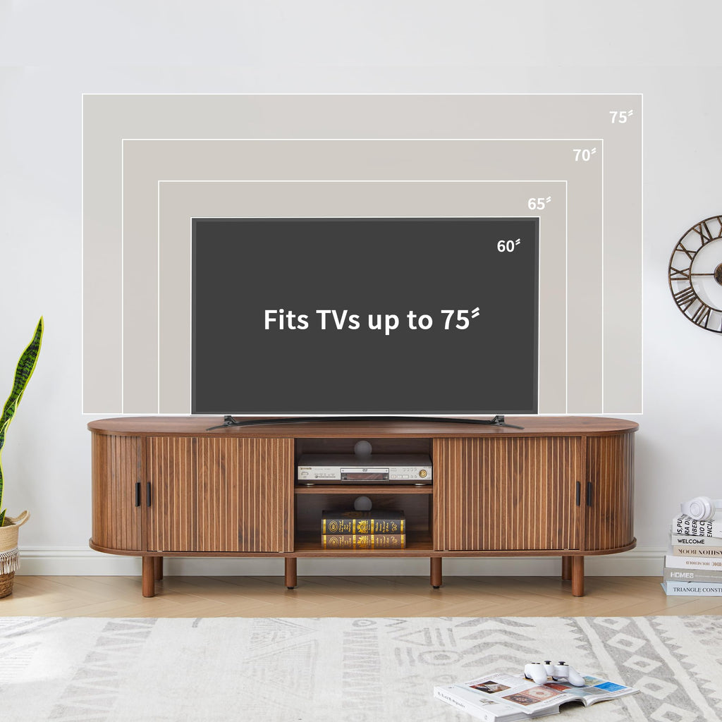 70-Inch Mid Century Modern TV Stand, Curved Entertainment Center with Fluted Sliding Doors, Storage Cabinet for TVs