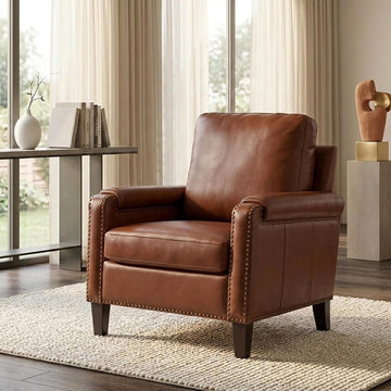 Genuine Leather Accent Chair with Solid Wood Legs, Brown