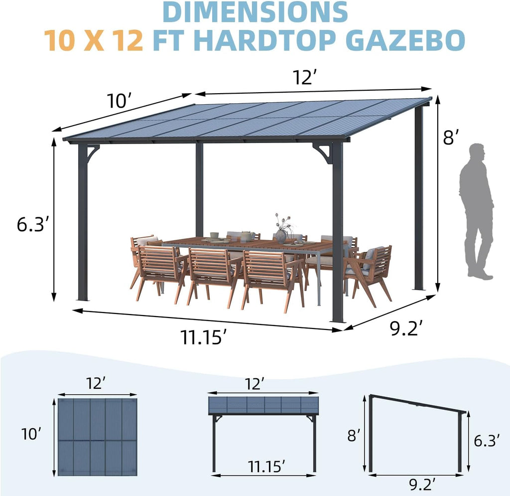 Wall Gazebo12' x 10', Hard Top Gazebos Pergola on Clearance, Outdoor Patio Lean to Gazebo Canopy Awnings and More