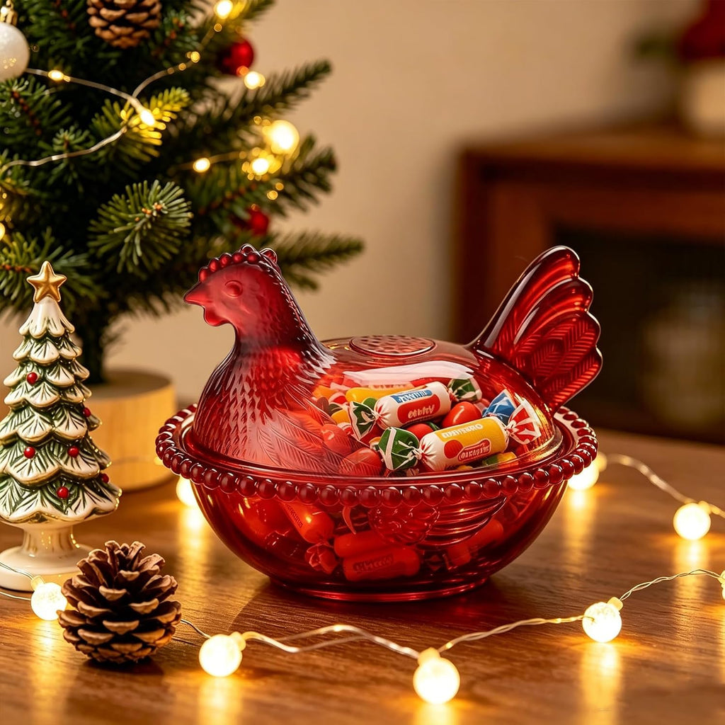Candy Dish with Lid Glass Hen on Nest Vintage Funny Candy Dishes Snack Bowl for Nuts, Dessert, Cookies, Biscuit