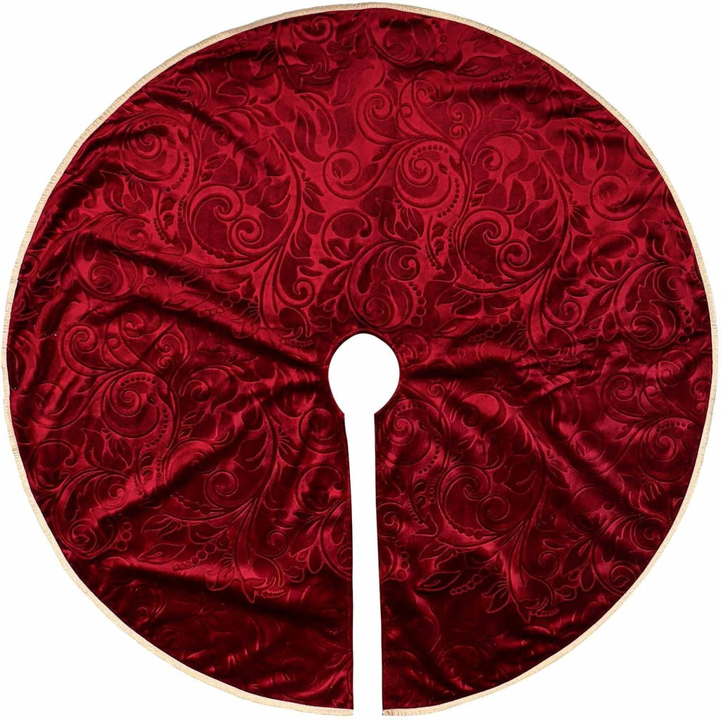 36 Inch Christmas Tree Skirt, Velvet Red Tree Skirts, Xmas Tree Skirts with Embossed Floral Pattern for Merry
