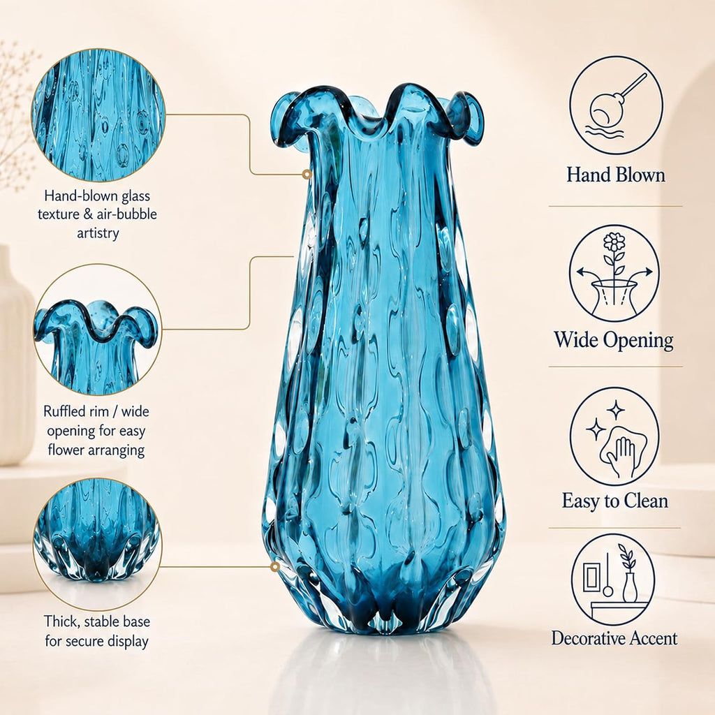 16.7" H Turquoise Glass Vase, Hand Blown Wide Mouth Teal Blue Glass, Murano Style Modern Art, Art Deco Contemporary