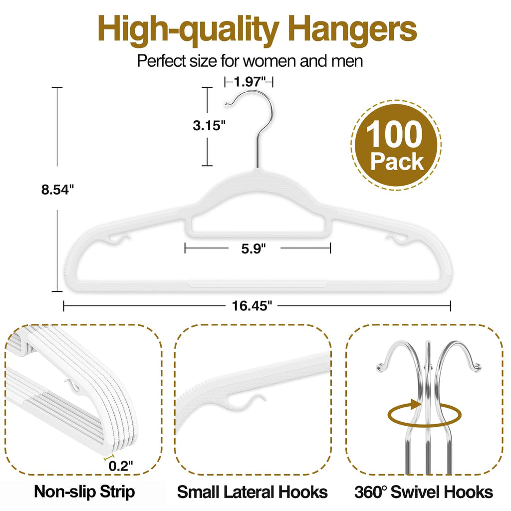 Plastic Hangers 100 Pack, 16.5" Non-Slip Clothes Hangers Heavy Duty