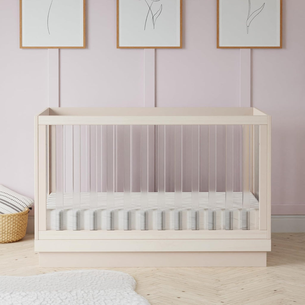Harlow Acrylic 3-in-1 Convertible Crib with Toddler Bed Conversion Kit in Washed Natural with Acrylic Slats