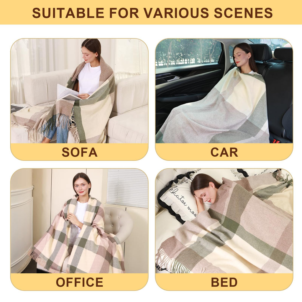 Wool Plaid Throw Blanket, Skin-Safe Warm Throw for Couch & Travel