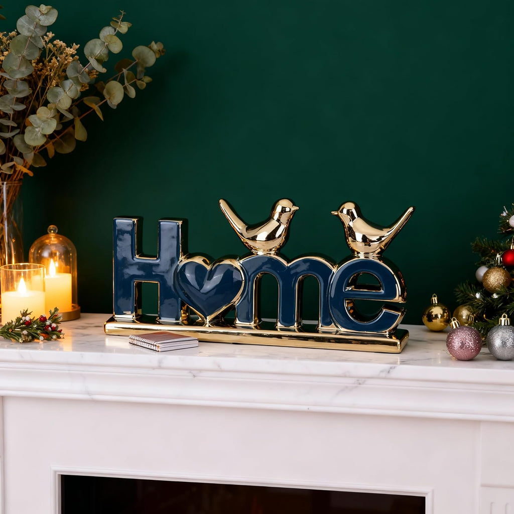 Blue and Gold Ceramic Home Sign,Blue and Gold Bird Sculpture, Modern Creative Decorative Sculpture, Suitable Coffee