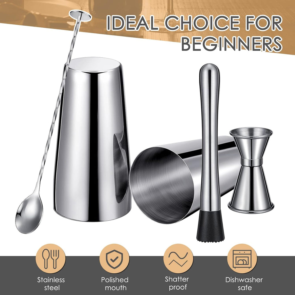Cocktail Shaker Set, Stainless Steel Bar Set Including Boston Shaker, Muddler, Double Measuring Jigger, Mixing - Set of 16