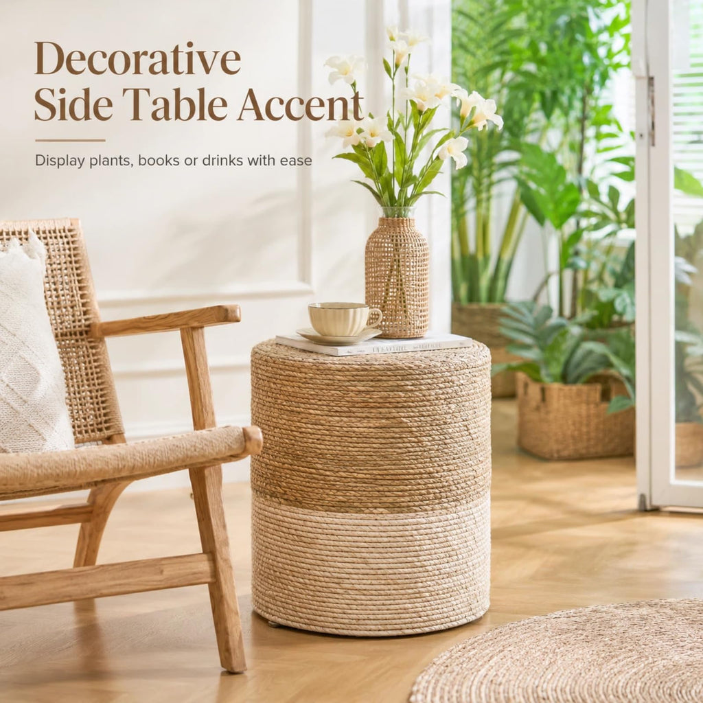 14" Boho Pouf Patio Ottomans Natural Straw Handweave Rustic Round Footstool