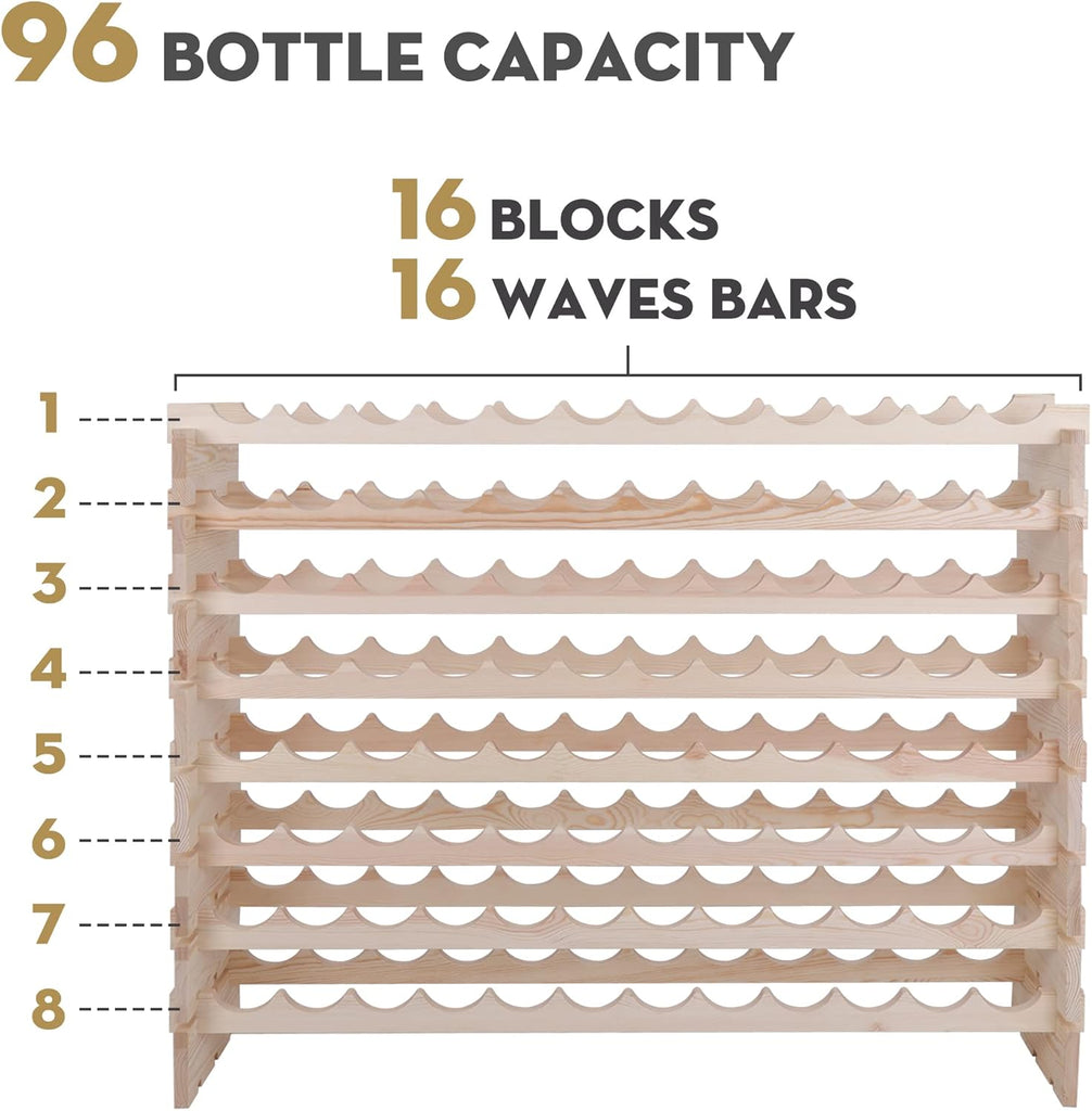 96 Bottles Stackable Modular Wine Rack, 8-Tier Wooden Wine Storage Rack Freestanding Wine Holder Display Shelves