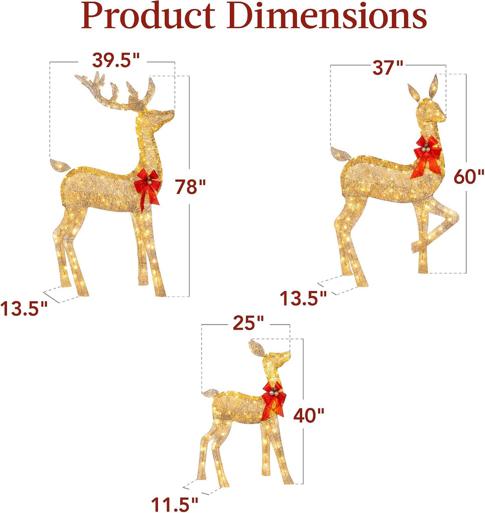 6.5ft 3-Piece Large Lighted Christmas Deer Family Set, Outdoor Yard Decoration with 385 LED Lights, Stakes, Zip Ties