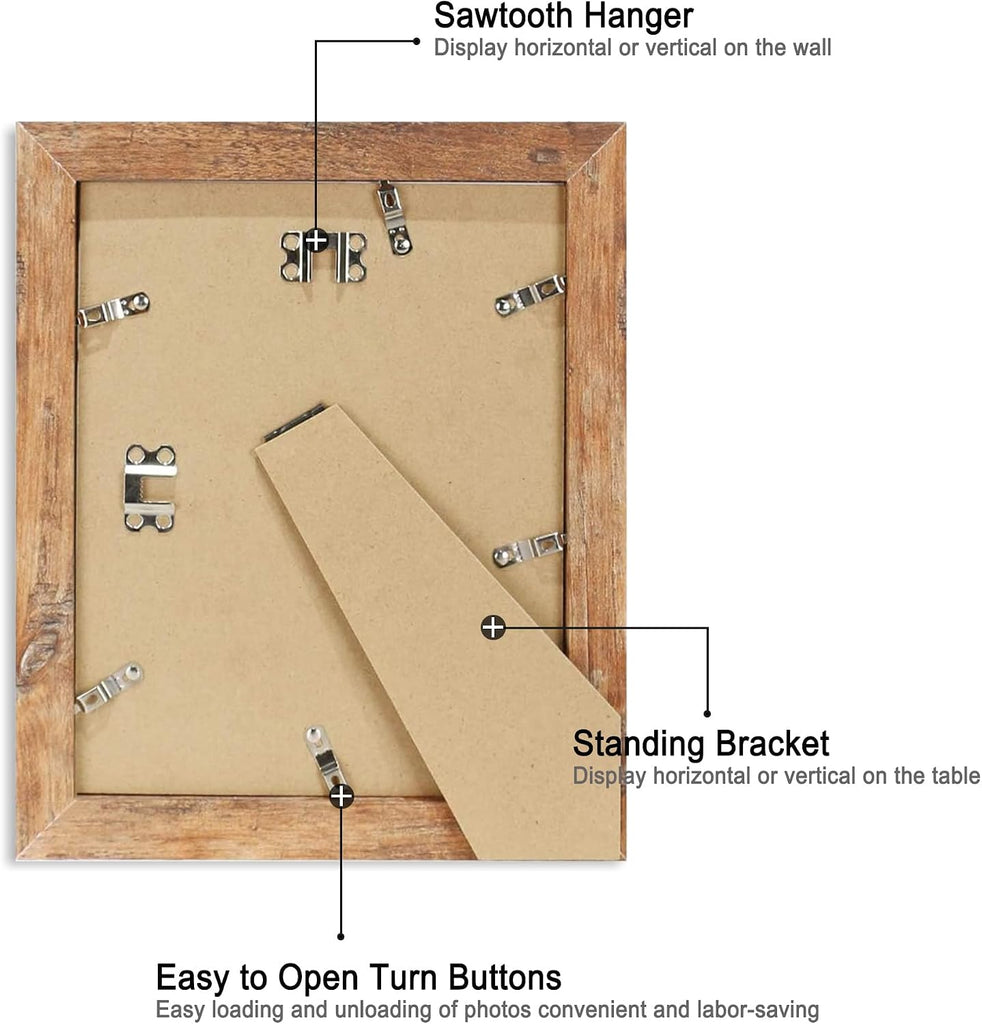 8x10 Picture Frame Set of 6, Brown Rustic Frame with High Definition Real Glass, 8 x 10 Wood Photo Frames for