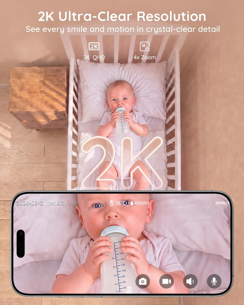 2K WiFi Baby Monitor with Phone App, 5" Screen,Night Light,2 Cameras