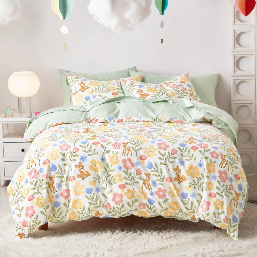 Floral Bedding Set for Girls, Cute Colorful Botanical Flowers Deers Patterned Soft Lightweight Comforter Set with