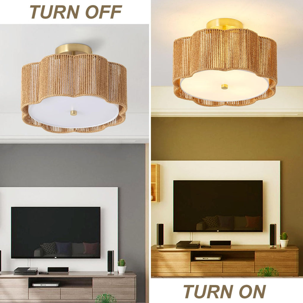 Rattan Ceiling Light Fixtures Flush Mount, 3-Light Boho Light Fixtures Ceiling Mount, Close to Ceiling Lights Modern