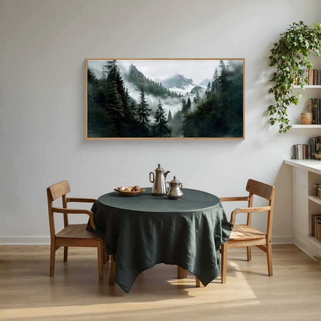 Boho Forest Mountain Framed Canvas Wall Art Set,Nature Foggy Woodland Ridge Wall Decor,Misty Pine Tree Artwork,Sage