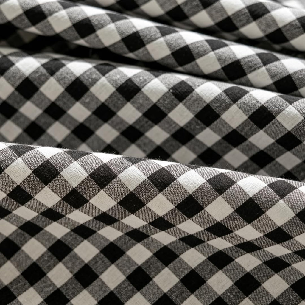 Black White Buffalo Plaid Rectangle Tablecloth with Ruffle Edge, Farmhouse Linen Blend Decorative Table Cover