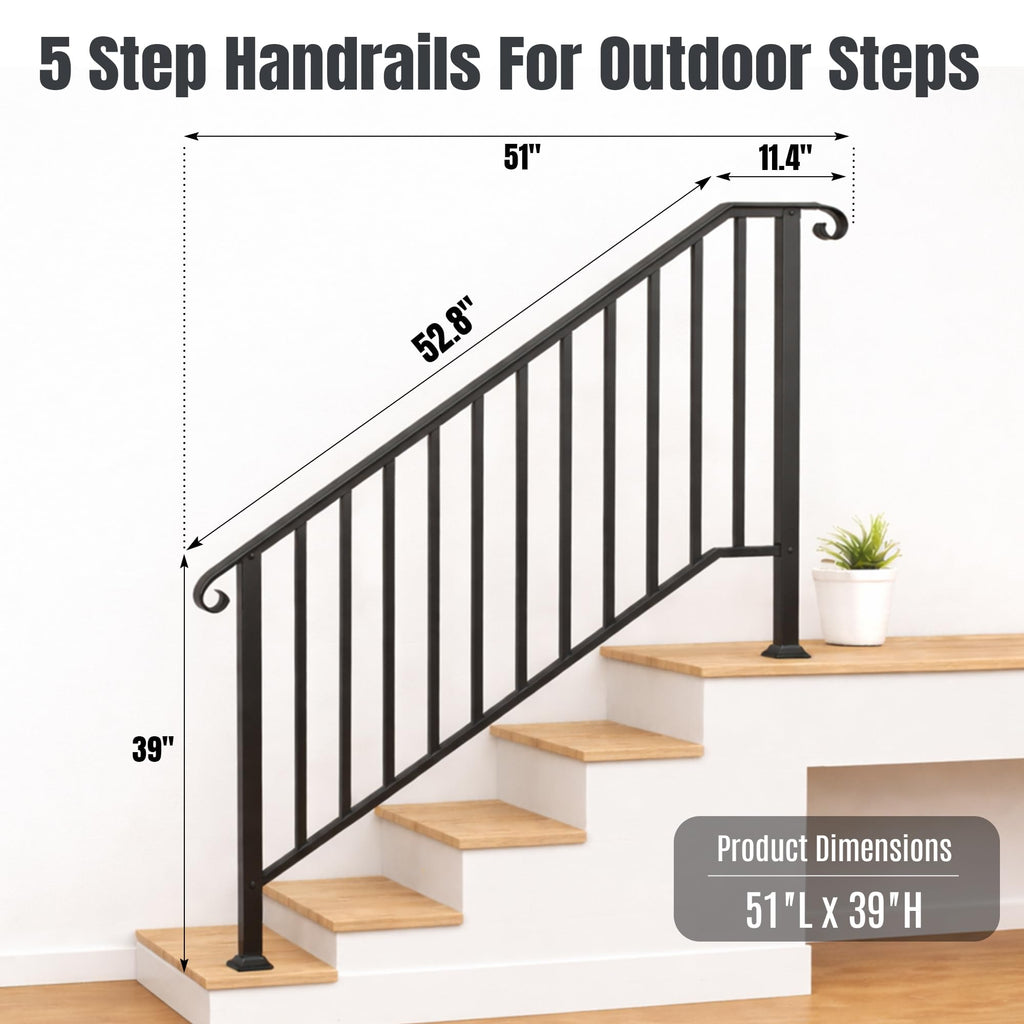 5 Step Handrails for Outdoor Steps, Wrought Iron Stair Railing Fits 4 or 5 Steps, Metal Hand Rail with Installation
