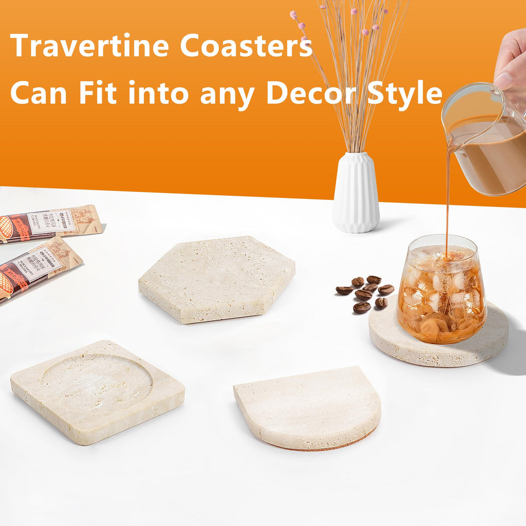 4Pcs Travertine Coasters with Nature Limestone Material and Gold Metal Holder, 4"Diameter Toast Arch Shape Bar