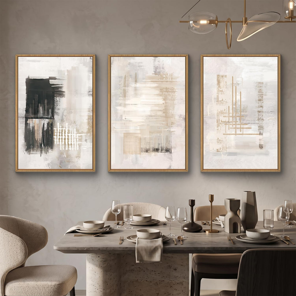 Modern Abstract Canvas Wall Art, Set of 3 Framed Art Prints, Black and White Large Wall Painting, 16x24inch Neutral