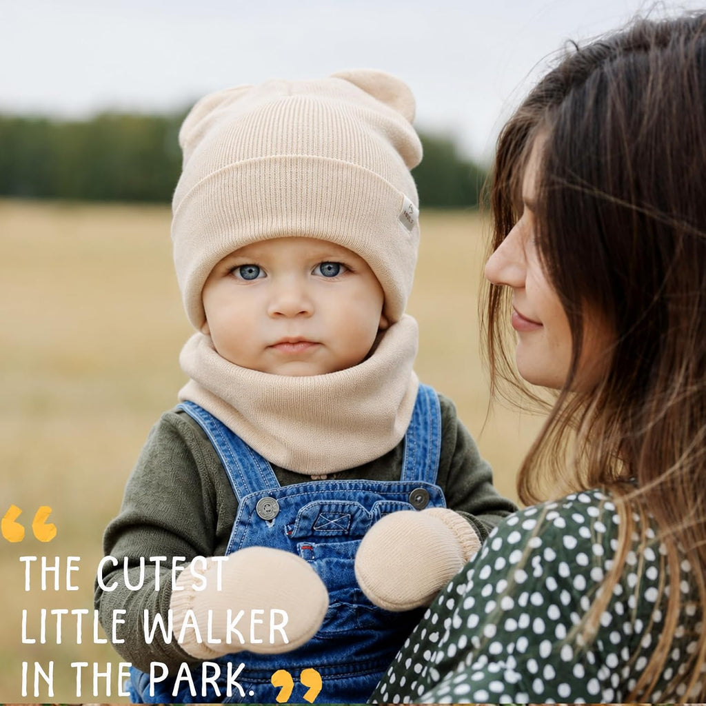 Baby Toddler Winter Beanie Hat Mittens and Neck Warmer with Bear Ear Set