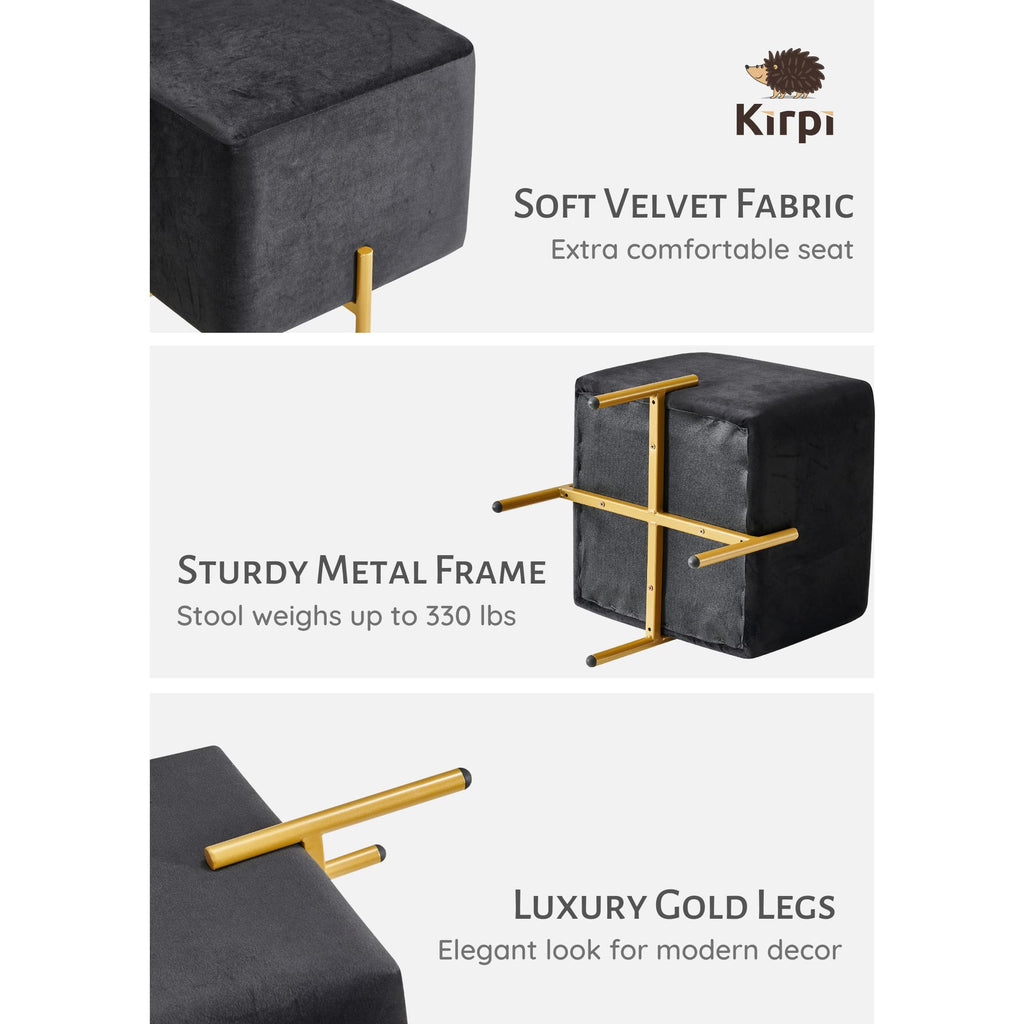 Black Velvet Foot Stool Set of 2, Modern Luxury Vanity Ottoman Stools with Gold Legs, Cube Accent Foot Rest Bedroom