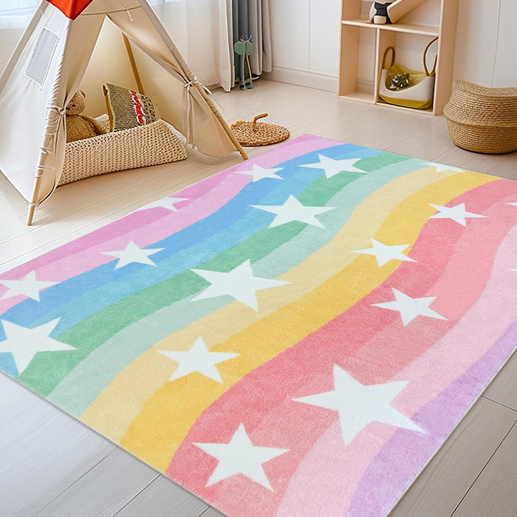 Kids Rug Rainbow Stripes Stars Carpet for Boys Girls Bedroom