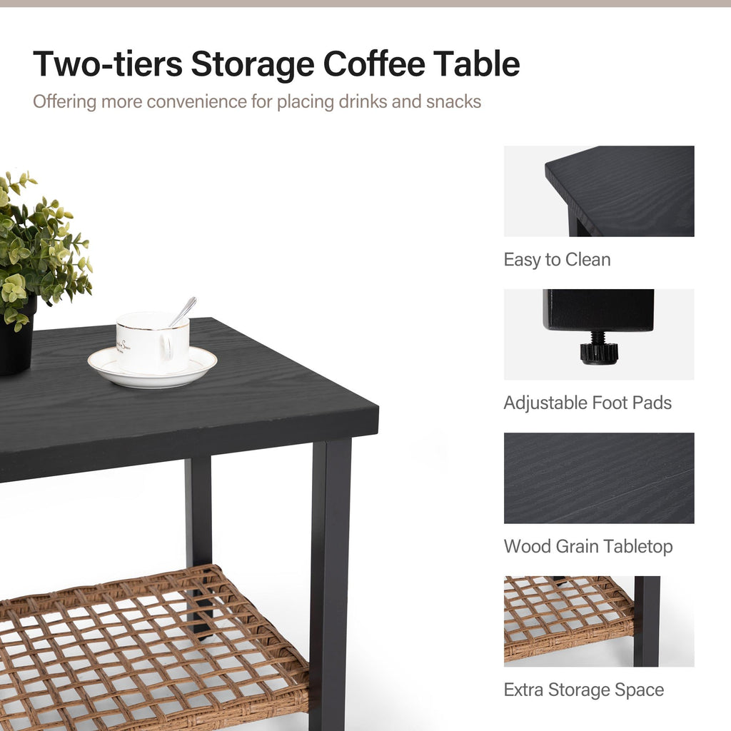 3-Piece Rocking Bistro Set, Outdoor Patio Furniture with Thick Cushions and 2-Tier Coffee Table, Oversize Rattan