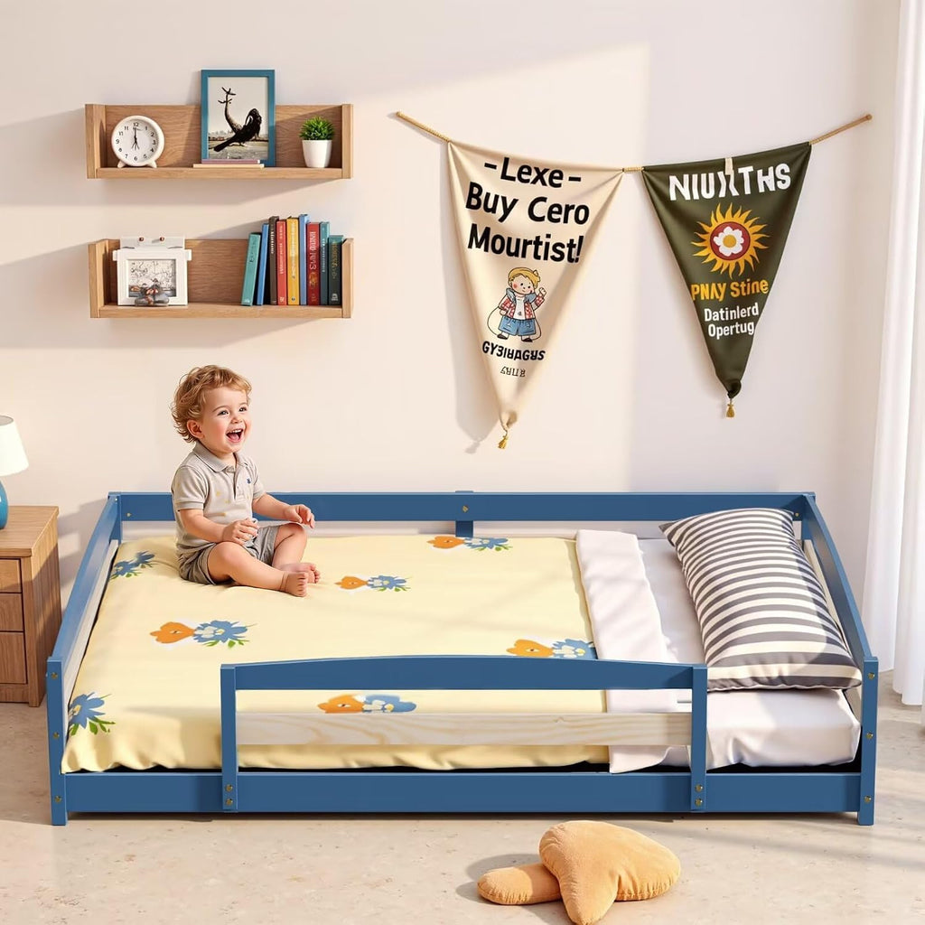 Floor Bed Frame with 2 Openings, Wooden Low Montessori Bed with Safe Guardrails for Boys Girls, Mist Blue