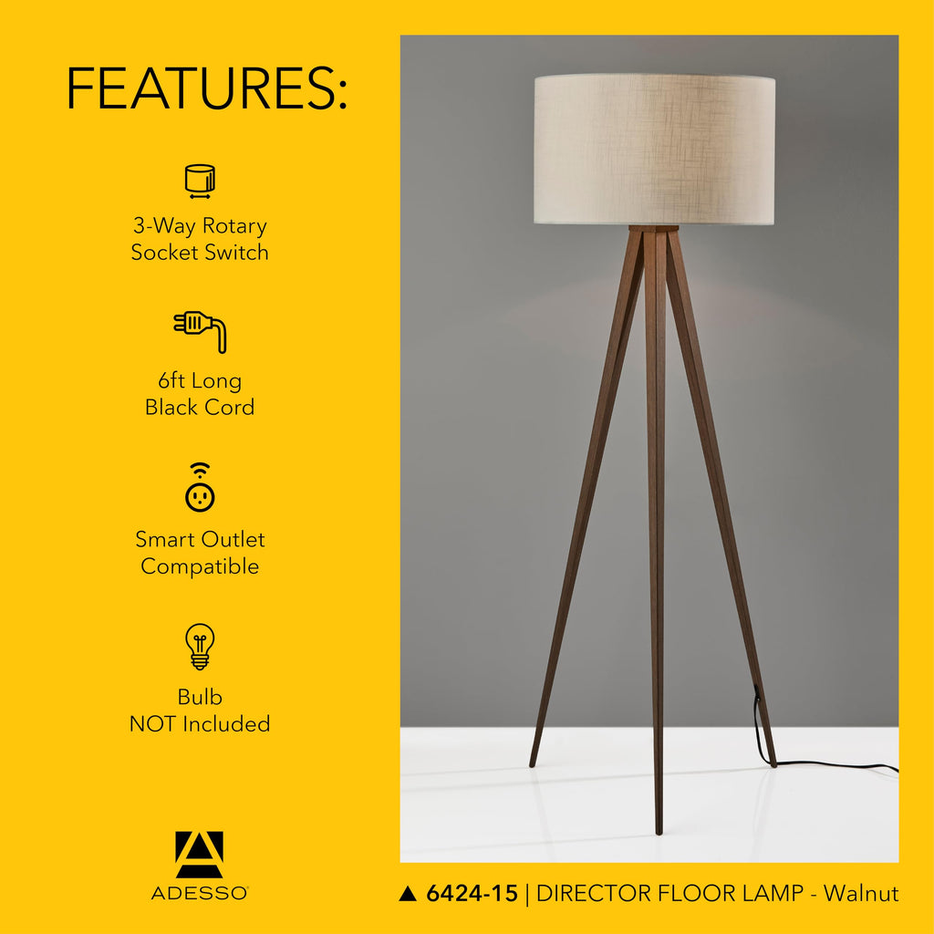 Floor Lamp, Walnut Rosewood & Beige Fabric, 3-Way, 60.25"