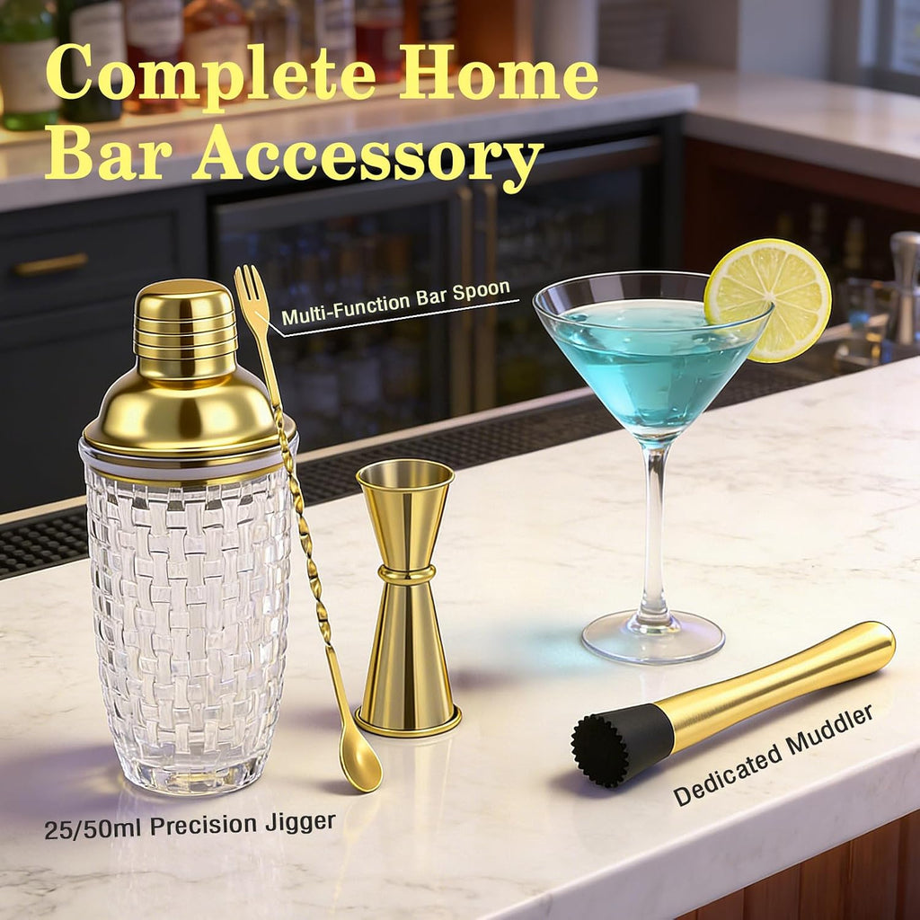 Cocktail Shaker Set - 13.5 Oz Gold Drink Martini Shaker Glass - Set of 4