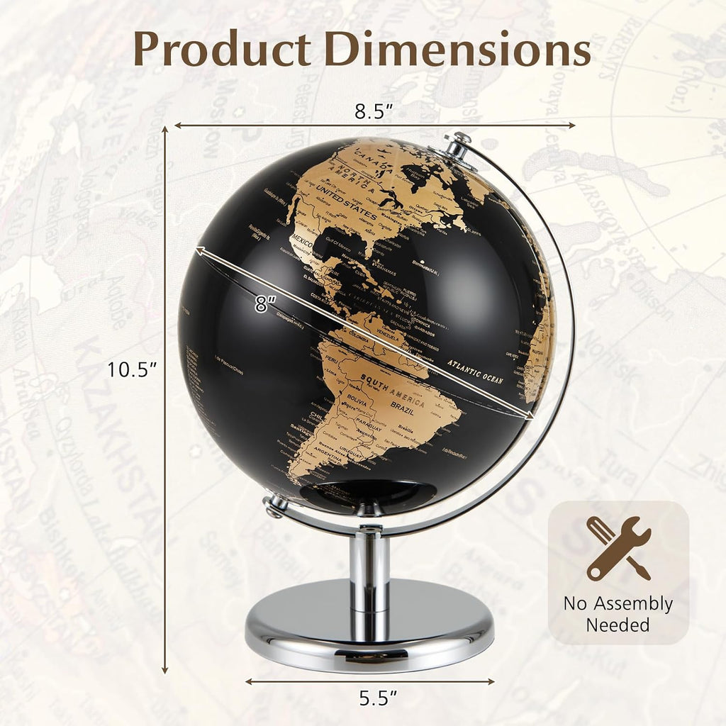 8" World Globe, Black Earth Globe with Gold Accents, Metal Stand, Non-slip Base & Time Zone, Decorative Tabletop Desk