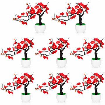 8 Pack Red Plum Blossom Silk Flowers with Pot, Lateral
