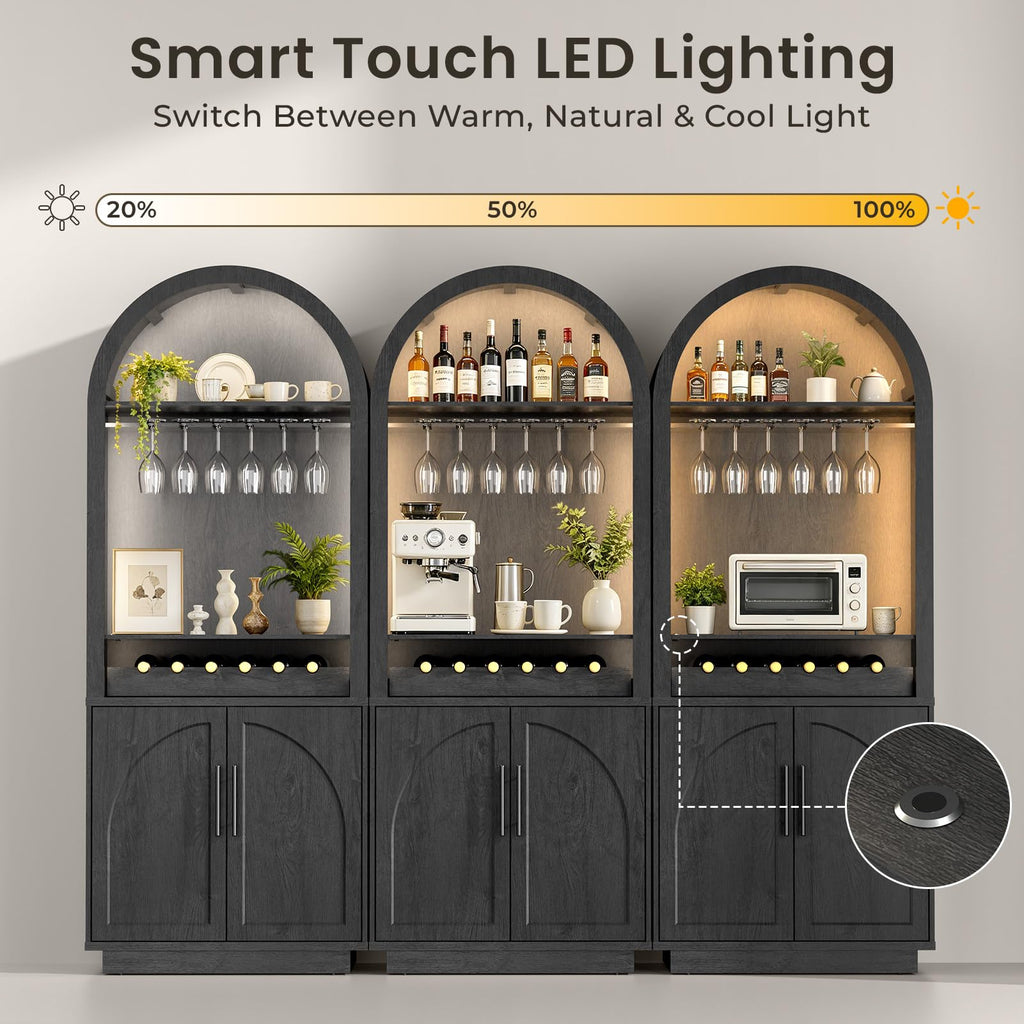 Modular Entertainment Center & Coffee Bar with LED Lighting, Charging Station, Arched Wood Sideboard Buffet