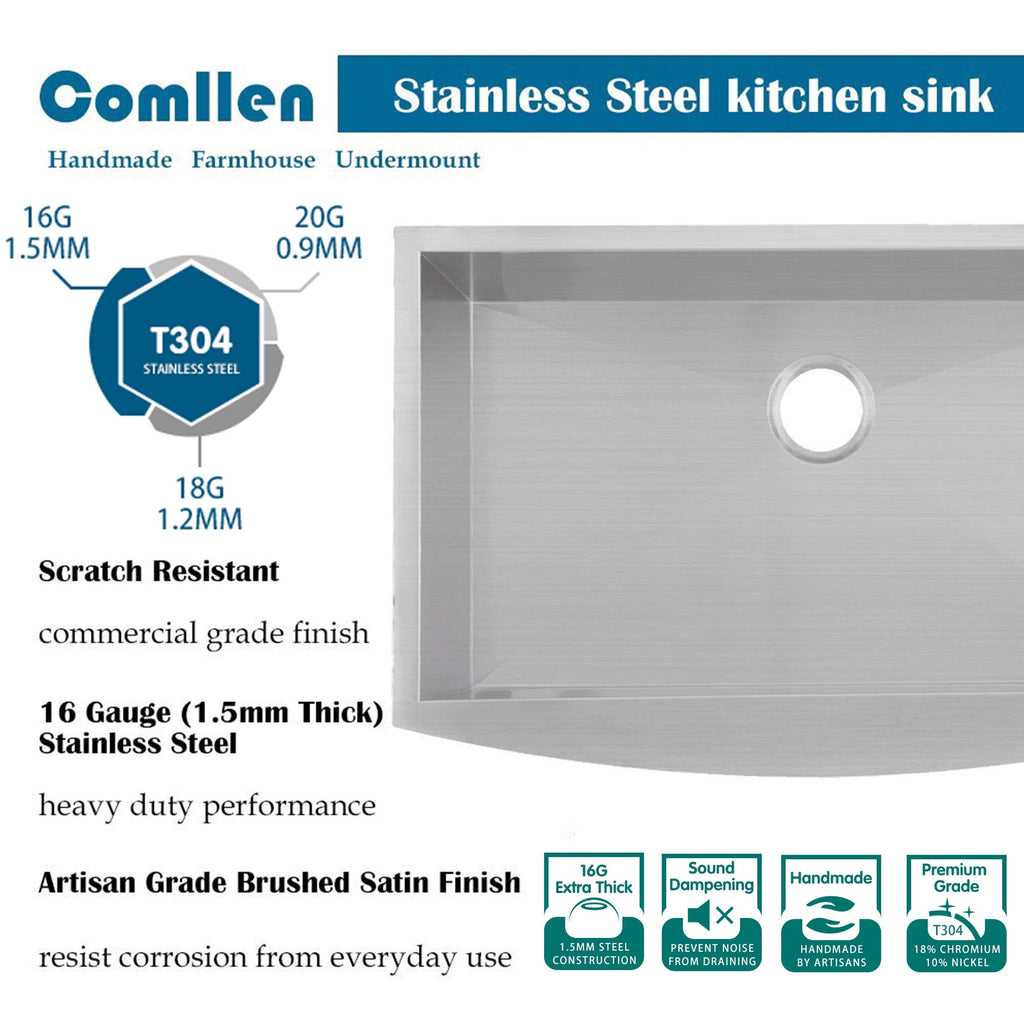 33 Inch Farmhouse Sink, Stainless Steel Single Bowl Farm Sinks 16 Gauge 9 Inch Deep, Handmade Undermount 33 Farm