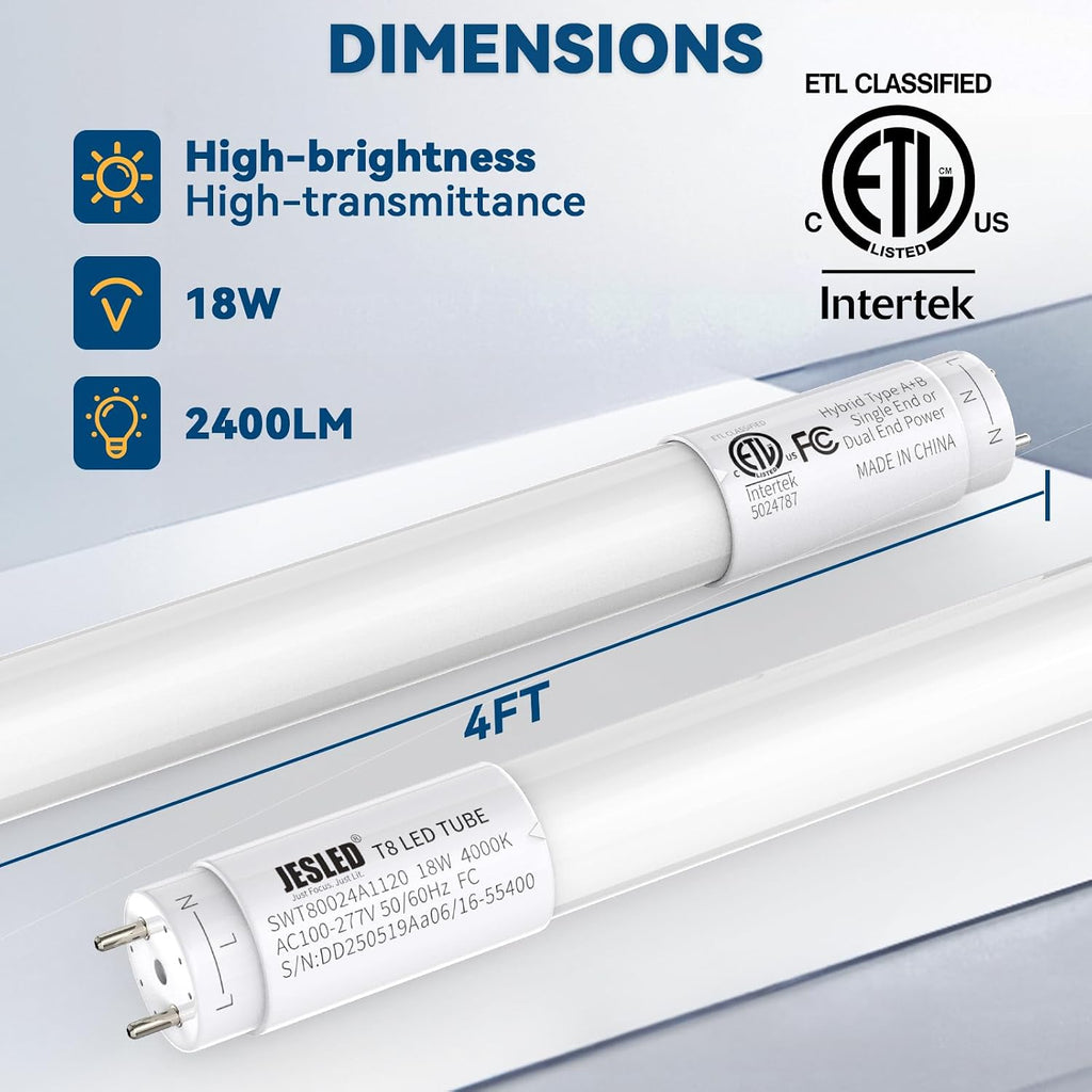 4FT T8 LED Bulbs 20 Pack, 18W 4000K Neutral White, Type A+B Hybrid