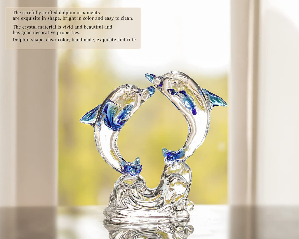 Double Crystal Glass Dolphin Figurines Sea Animal Statue Table Desk Decor