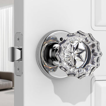 1 Pack Crystal Door Knob, Rosette Shaped Glass Door Knobs Interior with Lock, Polished Chrome Door Knobs Interior