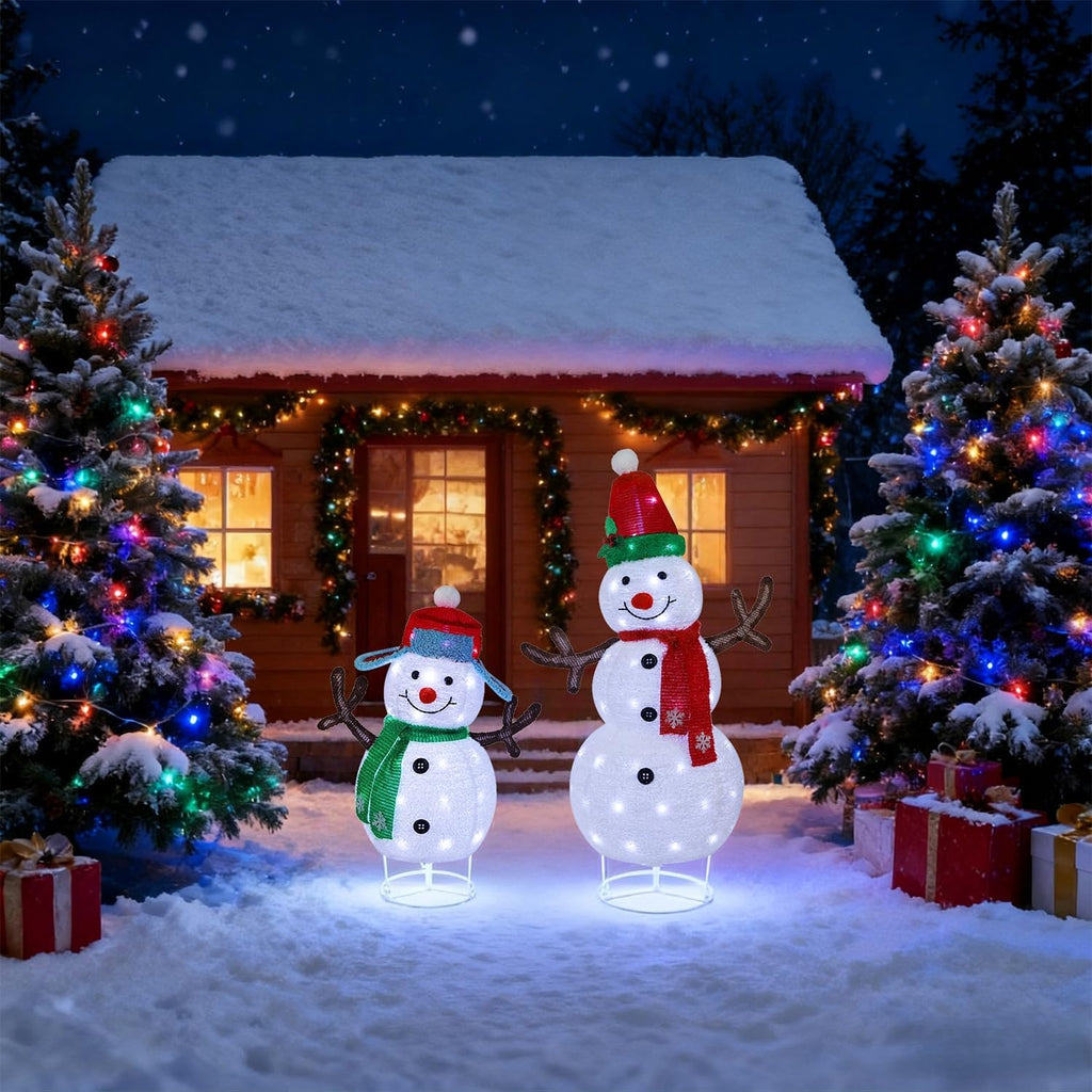 Set of 2 Lighted Christmas Snowman Decorations, 3.6+2.6FT Outdoor Pre-Lit White Snowmen with Lights, Light Up
