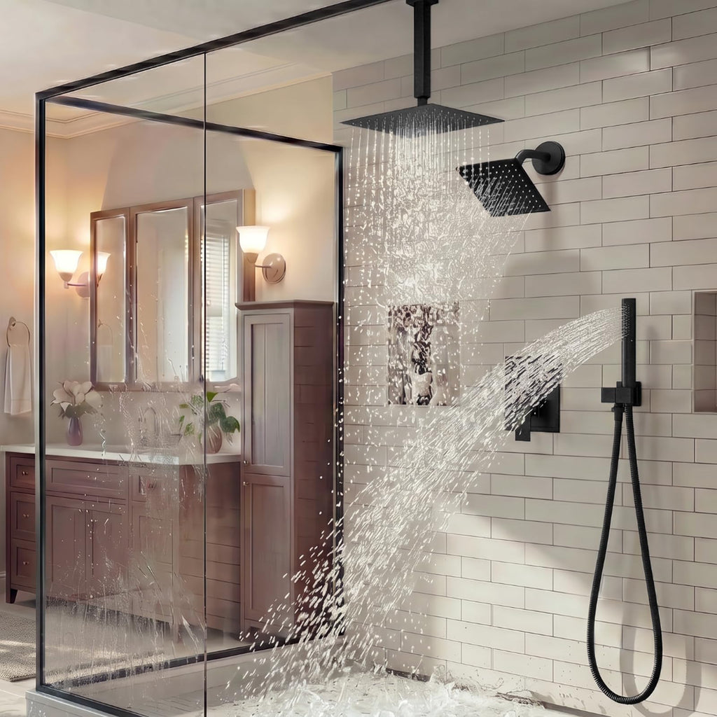 10 Inch Shower Faucet with Push Button Diverter Shower System, 2 in 1 Spray Handheld Showerhead, Ceiling Mount 10