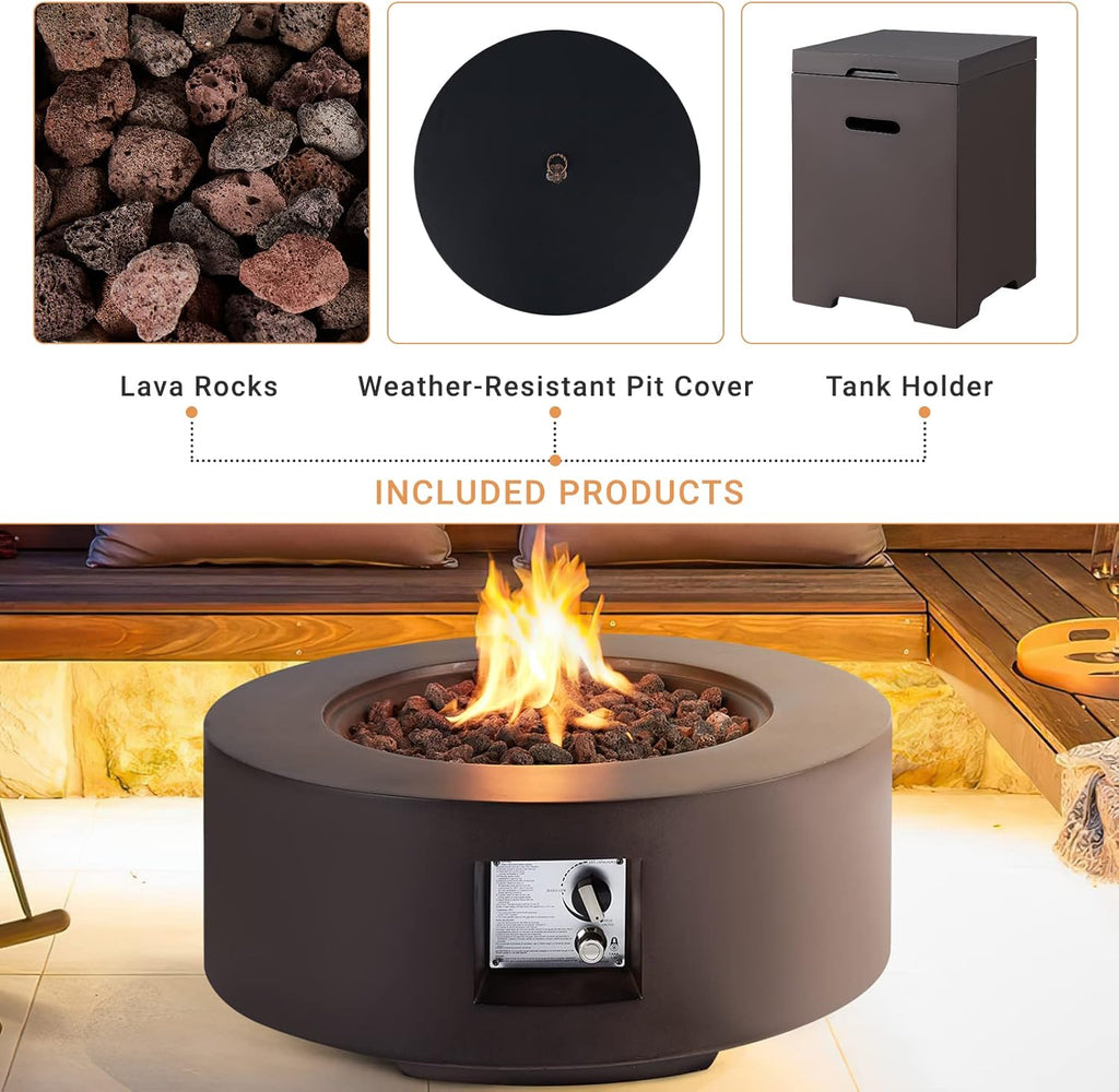 2-Piece Gas Fire Pit, Outdoor Propane Firepit Table Set w/Tank Cover, 30''Auto-Ignition Round Steel Fire Table