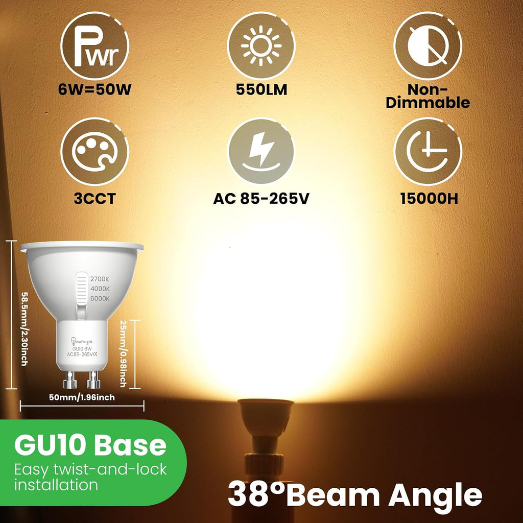 GU10 LED Bulbs 3CCT 2700K/4000K/6000K, GU10 MR16 LED Bulb 6W Equivalent 50W 550 Lumens 38°Spotlight, Non-Dimmable