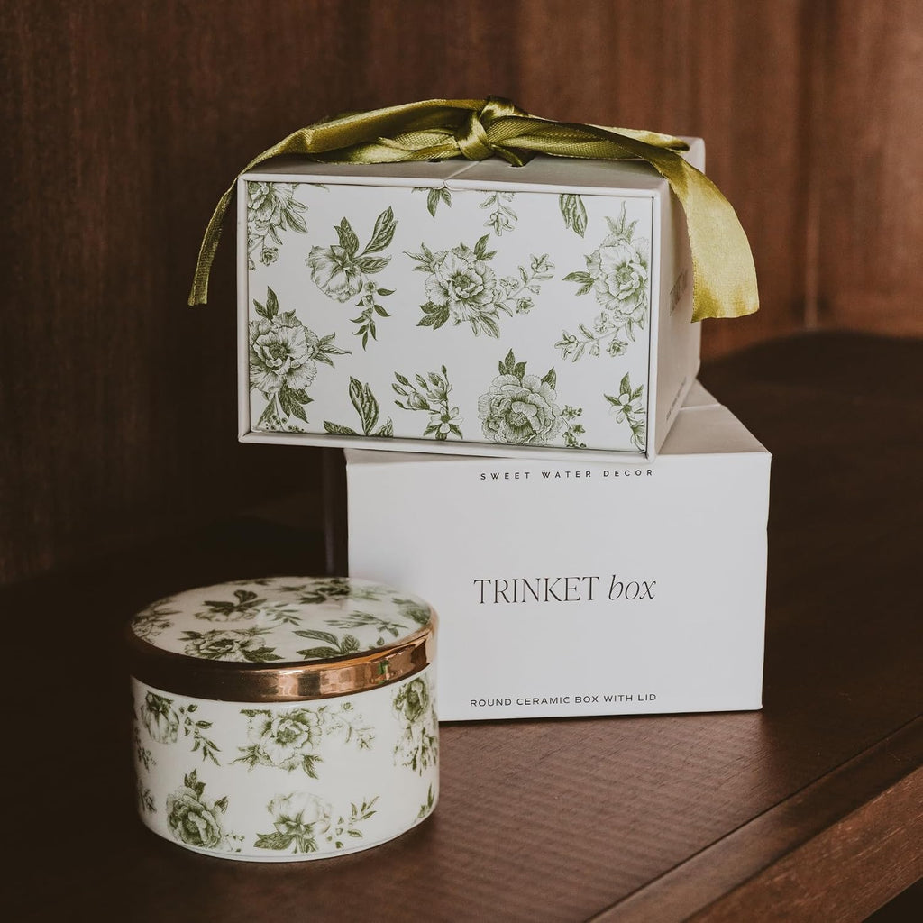 Green Delft Round Trinket Box, Jewelry Storage Counter or Nightstand, Ring Holder for Bridal Shower, Wedding, or