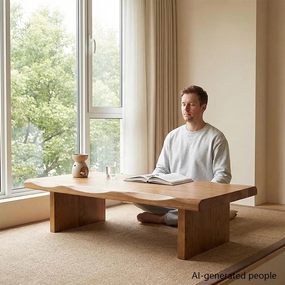Japanese Dining Table, Solid Wood Japanese Floor Table with Live Edge, Simple and Modern Low Design, Bay Window