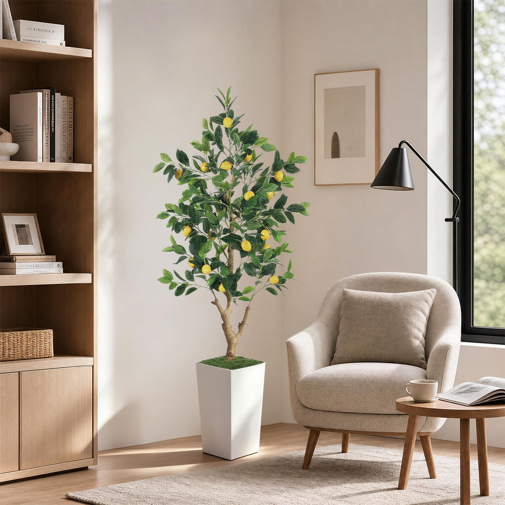 5FT Artificial Lemon Tree with White Tall Planter