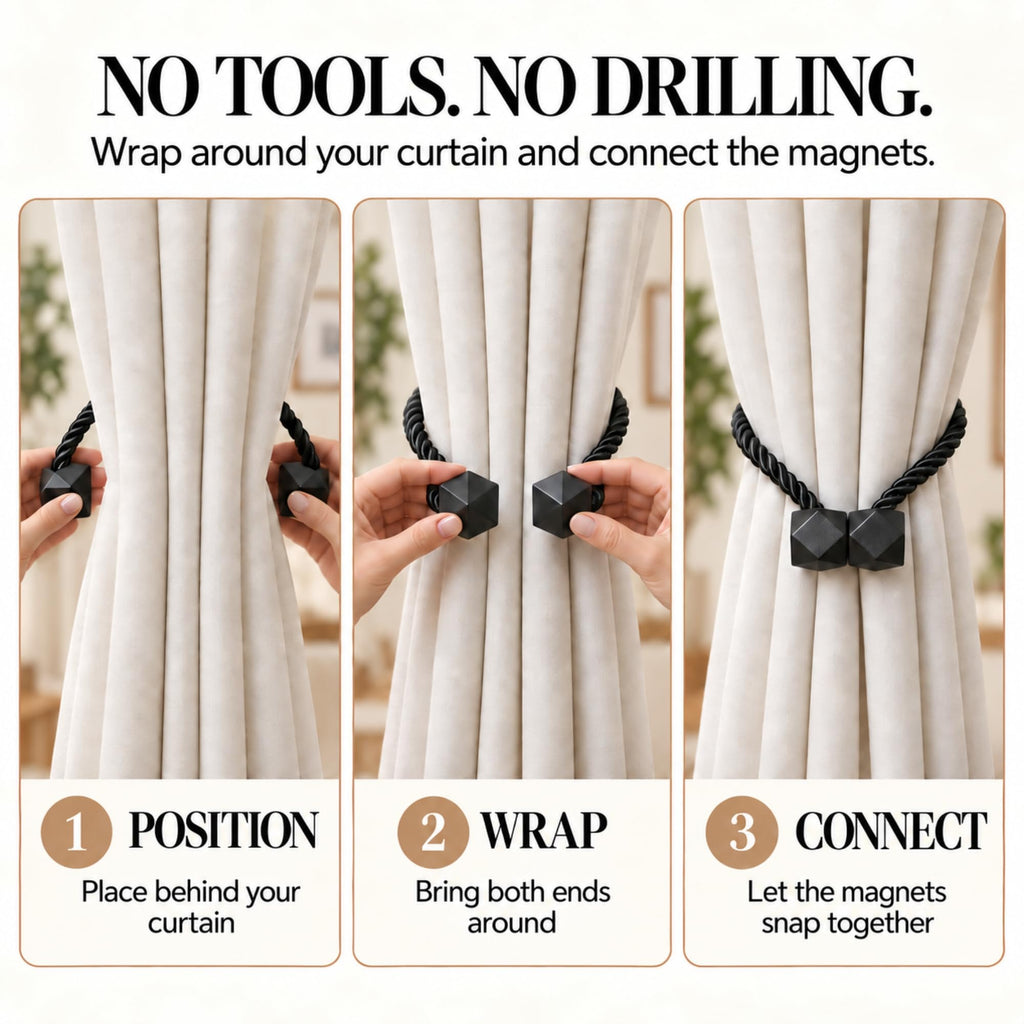 Magnetic Curtain Tiebacks, Curtain Ties, No-Drill Holdbacks (4 Pack)