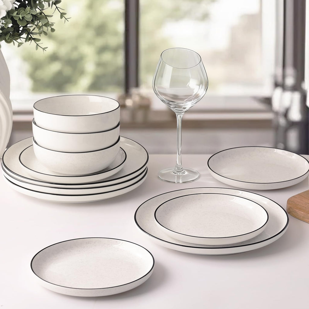 Plates and Bowls Sets for 4,12 Pieces Ceramic Dish set, White Dinnerware Set , Modern Design Plate Sets with Black